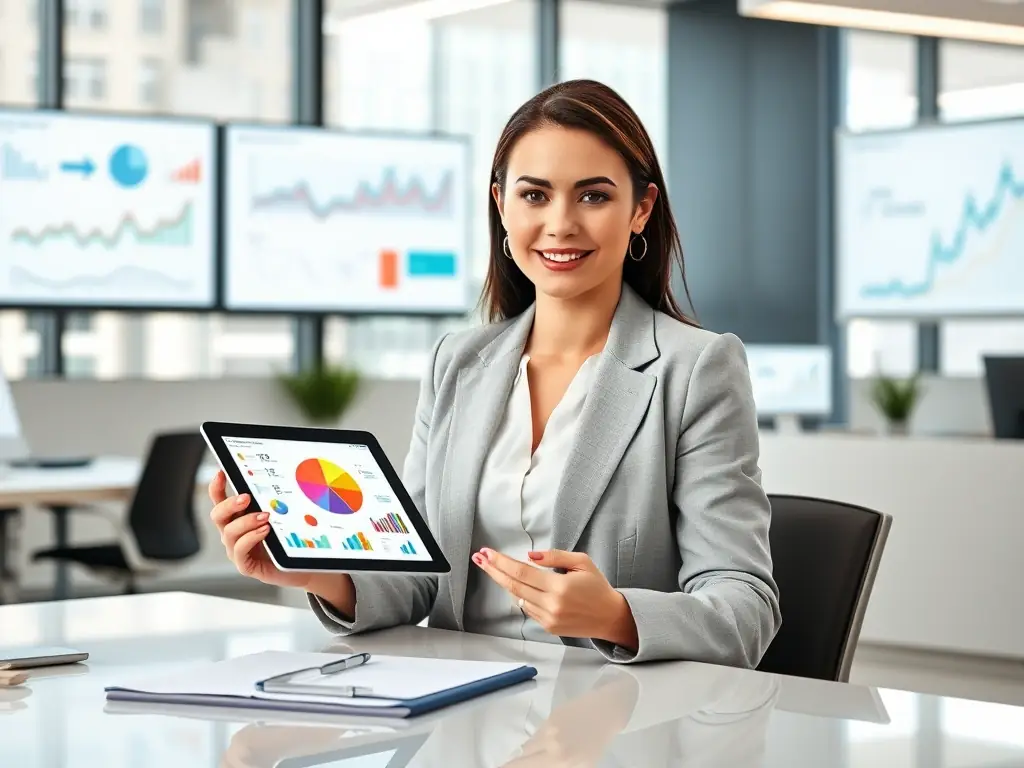 A professional consultant in a modern office setting, analyzing data on a tablet, with charts and graphs visible in the background, representing strategic planning.
