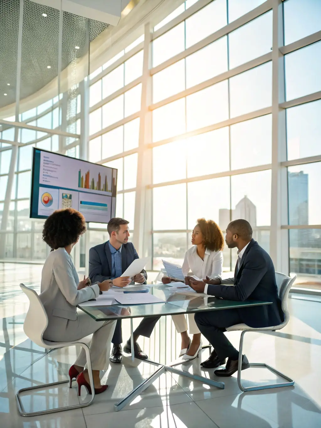 A photo of a management team conducting a workshop with flowcharts and performance metrics, representing Management Optimization at CornyConz.