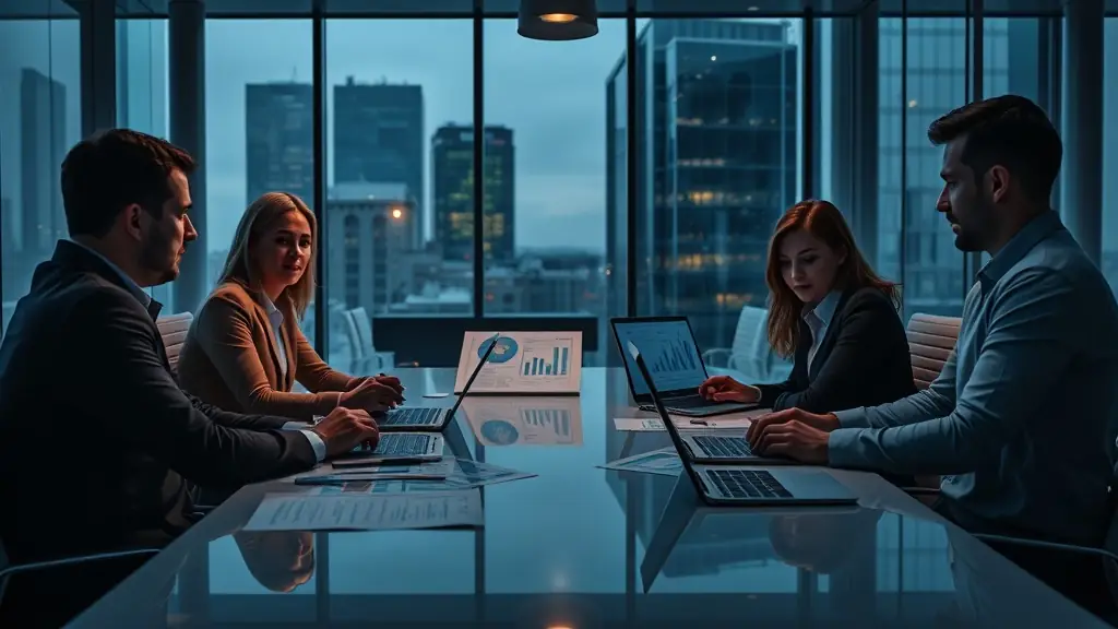 A team of consultants collaborating in a modern office, brainstorming ideas and analyzing data to develop effective strategies for their clients.