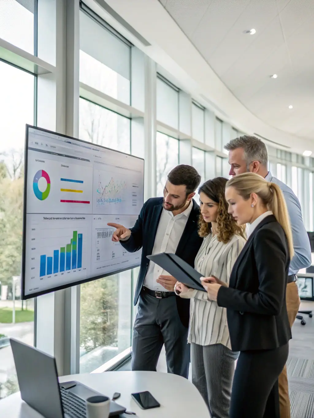 An image of a business team analyzing charts and strategic plans in a modern office setting, symbolizing Business Strategy Consulting for CornyConz.