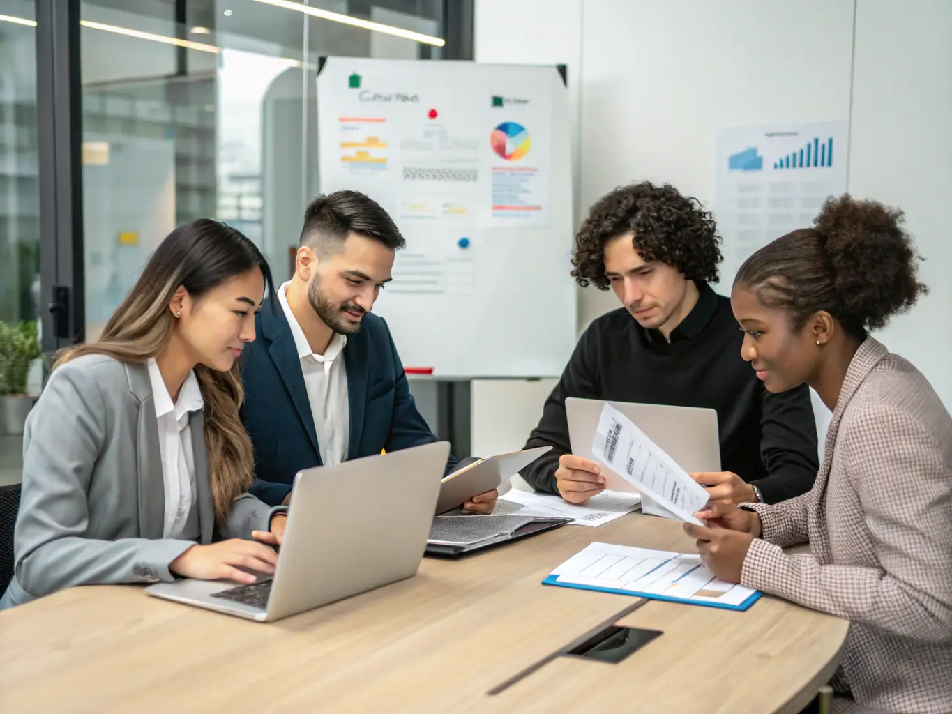 A team of consultants collaborating around a table, reviewing documents and discussing process improvements, with a focus on efficiency and optimization.