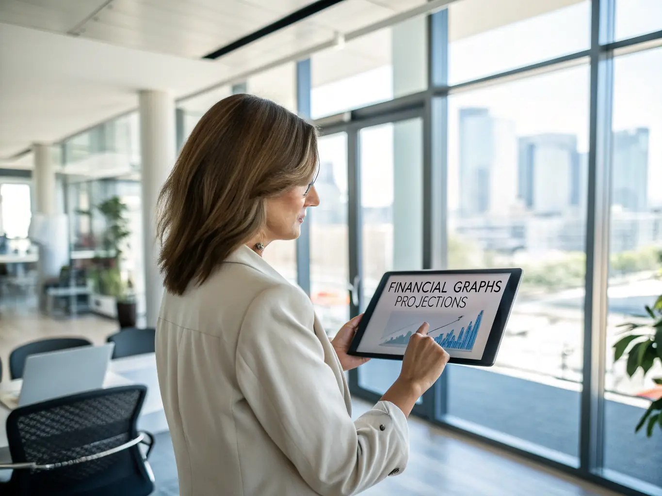 A professional consultant in a modern office setting, analyzing data on a tablet, with charts and graphs visible in the background, representing strategic planning.