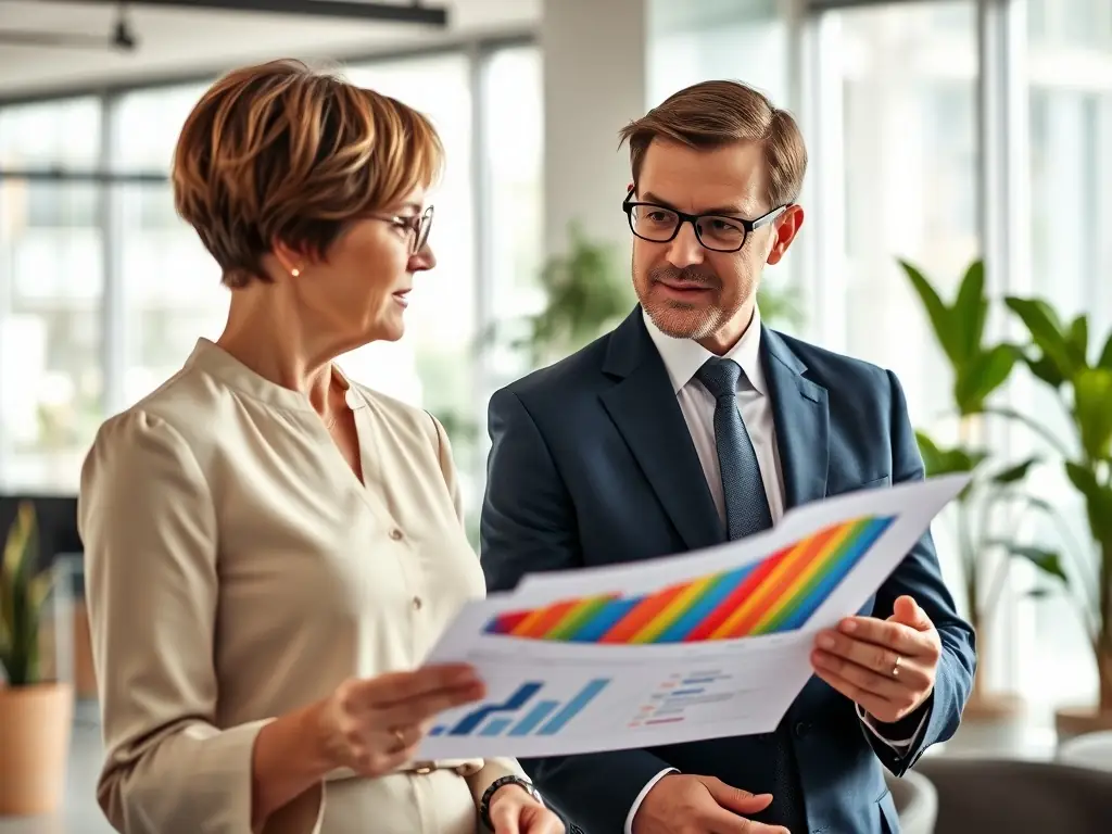 A consultant presenting growth strategies to a client, using a whiteboard with market analysis and expansion plans, emphasizing business development.