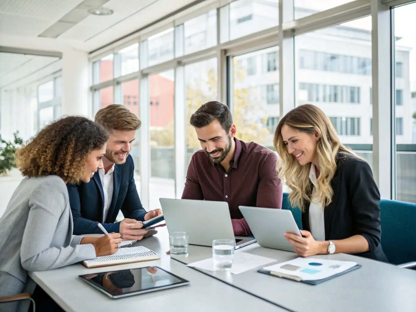 A team of consultants collaborating in a meeting room, brainstorming ideas and discussing management strategies, with a focus on optimizing business processes.