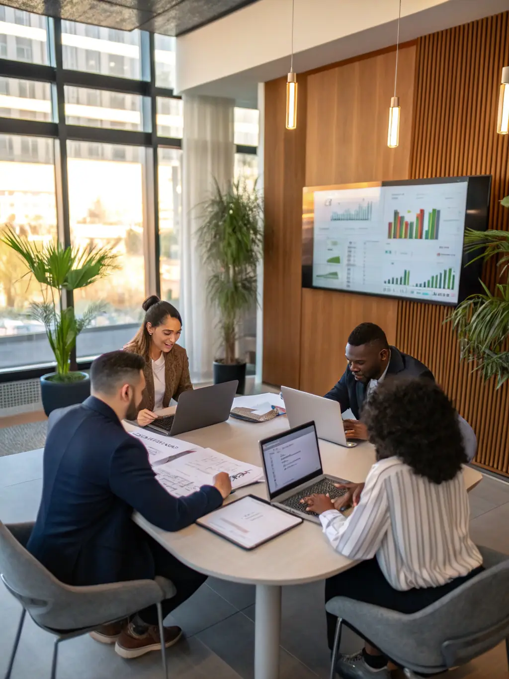 An image of a business meeting with potential partners and a growth chart on a screen, illustrating Business Development & Growth services at CornyConz.